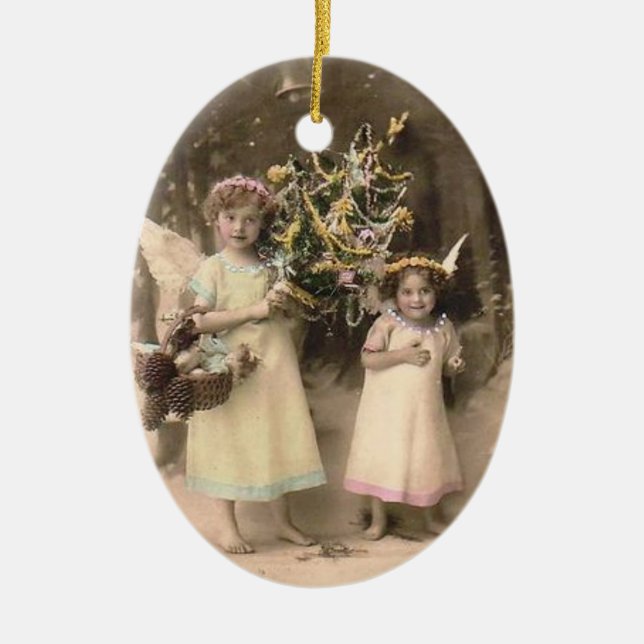 Ornamento De Cerâmica Adorno de Natal Anjos Vintage Fotografia (Frente)