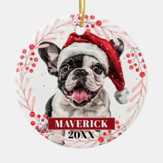 Ornamento De Cerâmica Adorno de Natal com Bulldog Francês em Chapéu do P
