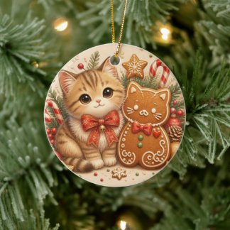 Ornamento De Cerâmica Adorno de Natal de Gatinho Kawaii de Pão de Mel