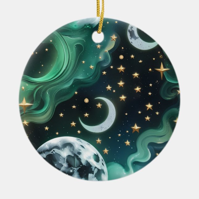 Ornamento De Cerâmica Adorno Fases da Lua Celestial Verde Esmeralda (Frente)