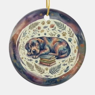 Ornamento De Cerâmica Adorno Navideño Perro Durmiendo con libros