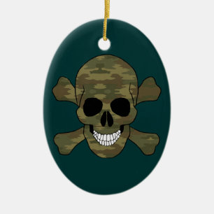 Ornamento De Cerâmica Adorno Oval Caveira e Ossos Cruzados Camuflado