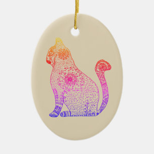Ornamento De Cerâmica Adorno Oval Gato Mandala