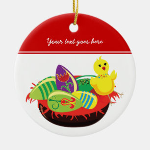 Ornamento De Cerâmica Adorno personalizado de pintinho e ovos de Páscoa