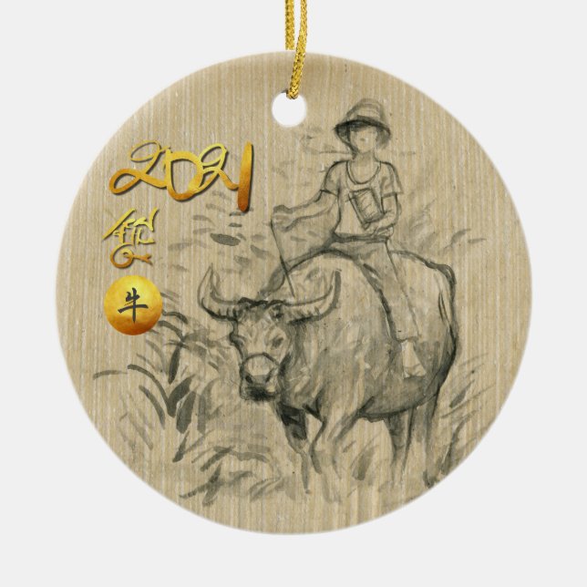 Ornamento De Cerâmica Água Buffalo Criança Chinesa Ox Ano 2021 CRO (Frente)