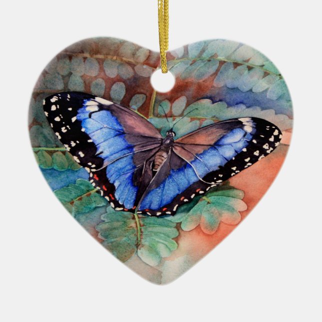 Ornamento De Cerâmica Aguarela azul de Morpho (Frente)