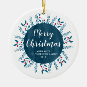 Ornamento De Cerâmica Aguarela azul personalizada do Natal floral