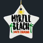 Ornamento De Cerâmica Aguarela de Myrtle Beach<br><div class="desc">Uma viagem a Myrtle Beach é toda sobre memórias do fazer, e este design ajudá-lo-á a recordar os dias ensolarados mornos e a refrigerar durante todo o ano a máscara das palmeiras. Este logotipo da aguarela do excelente caracteriza o texto "Myrtle Beach, South Carolina" junto com o design brilhantemente colorido...</div>