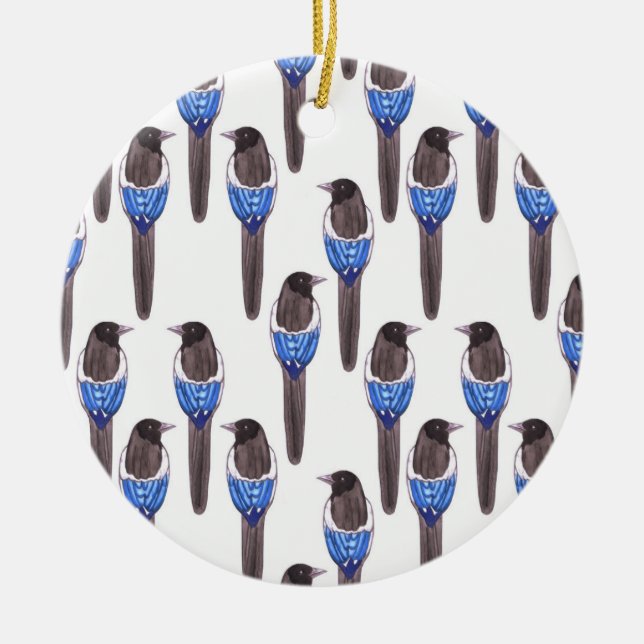 Ornamento De Cerâmica Aguarela do magpie faturado preto ou do magpie (Frente)