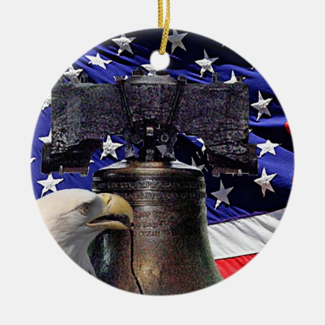 Ornamento De Cerâmica Águia Bald Americana, Bell e Bandeira (Frente)