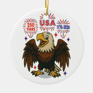 Ornamento De Cerâmica Águia Careca com Fogos de Artifício – EUA 250 Anos