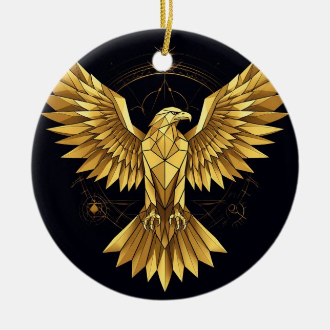 Ornamento De Cerâmica Águia Geométrica Dourada (Frente)