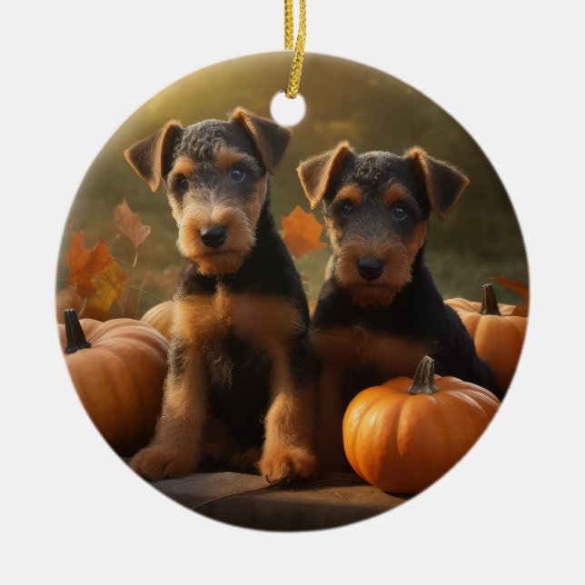Ornamento De Cerâmica Airedale Puppy Autumn Delight Pumpkin (Frente)