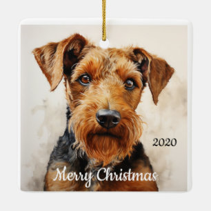 Ornamento De Cerâmica Airedale Terrier, com data de natal personalizada