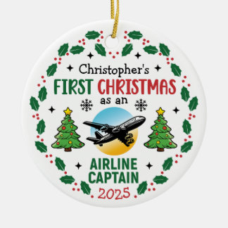 Ornamento De Cerâmica Airline Captain First Christmas Pilot Personalized
