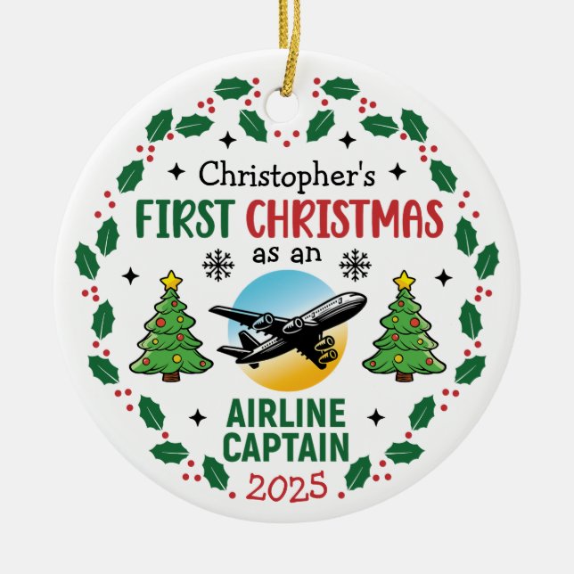 Ornamento De Cerâmica Airline Captain First Christmas Pilot Personalized (Frente)
