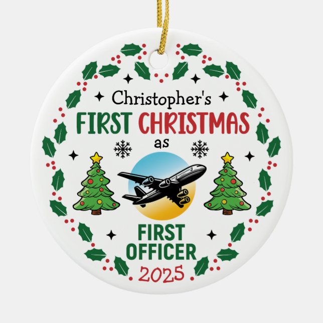 Ornamento De Cerâmica Airline First Officer Personalized Pilot Christmas (Frente)