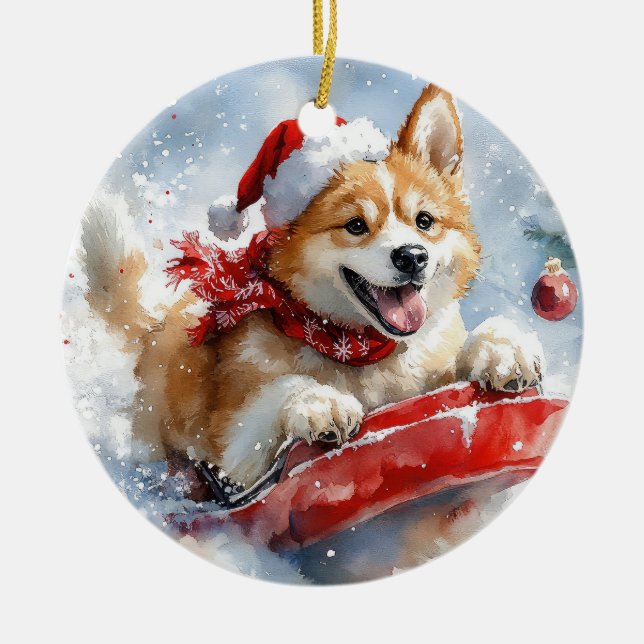 Ornamento De Cerâmica Akita Dog em Sledge Deixe-o nevar no Natal (Frente)