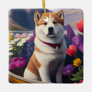 Ornamento De Cerâmica Akita Dog em um Paddle: Uma Aventura Cênica