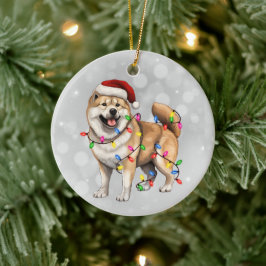 Ornamento De Cerâmica Akita Dog Embalado em Luzes de Natal