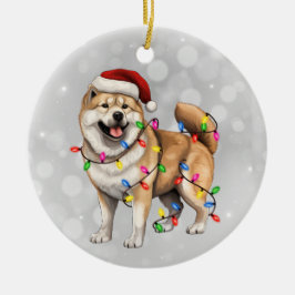 Ornamento De Cerâmica Akita Dog Embalado em Luzes de Natal