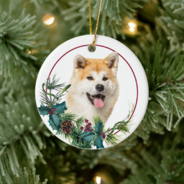 Ornamento De Cerâmica Akita Dog Evergreen Berry Wreath