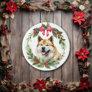 Ornamento De Cerâmica Akita Dog Red Arco Holly Wreath