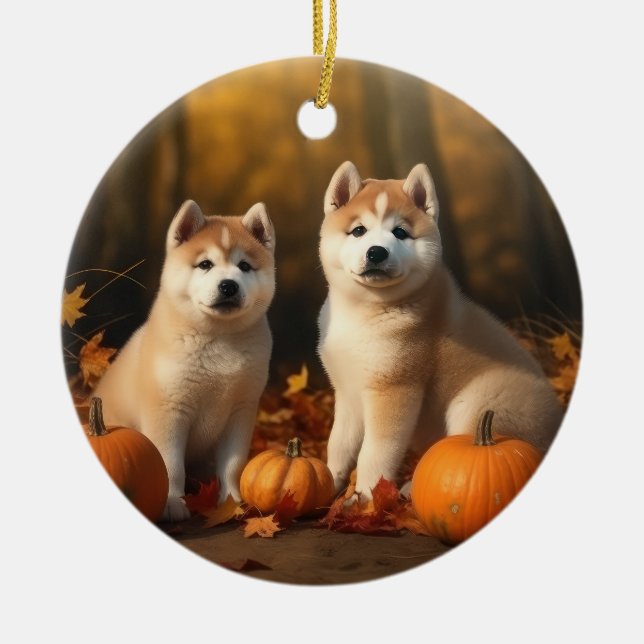 Ornamento De Cerâmica Akita Puppy Autumn Delight Pumpkin (Frente)