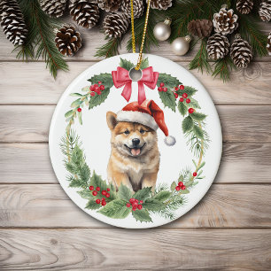 Ornamento De Cerâmica Akita Puppy Dog Red Arco Holly Wreath