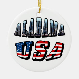 Ornamento De Cerâmica Alabama Picture and USA Flag Font