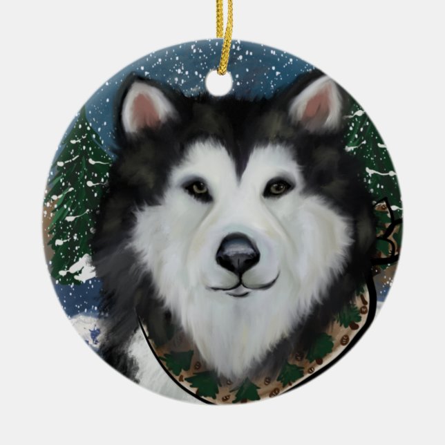 Ornamento De Cerâmica Alaskan Malamute (Frente)