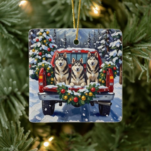 Ornamento De Cerâmica Alaskan Malamute Christmas Red Truck Holiday (Árvore)