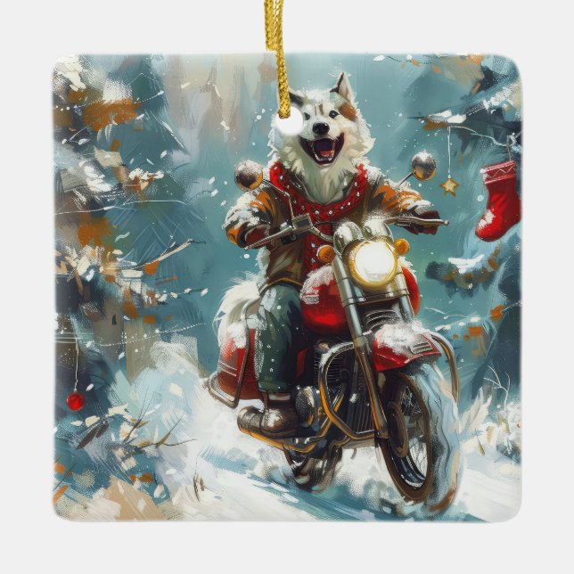 Ornamento De Cerâmica Alaskan Malamute Dog Dirigindo Motocicleta Natal (Frente)
