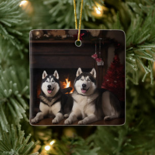 Ornamento De Cerâmica Alaskan Malamute na Lareira de Natal