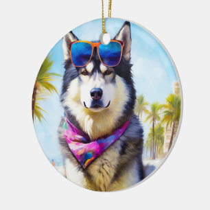Ornamento De Cerâmica Alaskan Malamute na praia, presente de verão