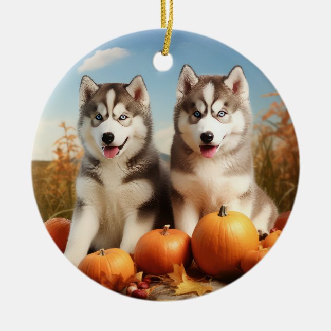 Ornamento De Cerâmica Alaskan Malamute Puppy Autumn Delight Pumpkin (Frente)