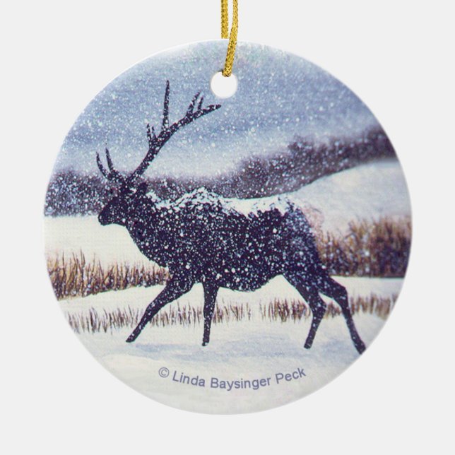 Ornamento De Cerâmica Alces na neve redonda (Frente)