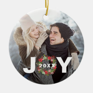 Ornamento De Cerâmica Alegria de Natal Festiva com Foto de Terra e Ano