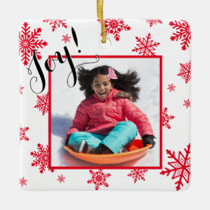 Ornamento De Cerâmica Alegria! Foto de Natal Festivo Red Snowflakes