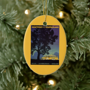 Ornamento De Cerâmica Alemanha Vintage, Ônibus Amarelo à Noite, Arte de 