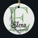 Ornamento De Cerâmica Alfa E, botânica da Lavanda de aquarela<br><div class="desc">Um design romântico e elegante com letra alfabética monográfica "E", enquadrada por eucalipto e lavanda e libélula pintados em aquarelas. Para começar a alterar o nome, clique em "Personalizar este modelo" e edite o texto nas caixas modelo. Para acessar as ferramentas de edição mais avançadas, role para baixo até "Clique...</div>
