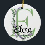 Ornamento De Cerâmica Alfa E, botânica da Lavanda de aquarela<br><div class="desc">Um design romântico e elegante com letra alfabética monográfica "E", enquadrada por eucalipto e lavanda e libélula pintados em aquarelas. Para começar a alterar o nome, clique em "Personalizar este modelo" e edite o texto nas caixas modelo. Para acessar as ferramentas de edição mais avançadas, role para baixo até "Clique...</div>