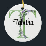 Ornamento De Cerâmica Alfa T, botânica da Lavanda de aquarela<br><div class="desc">Um design romântico e elegante com letra alfabética monográfica "T", enquadrada por eucalipto e lavanda e libélula pintada em aquarelas. Para começar a alterar o nome, clique em "Personalizar este modelo" e edite o texto nas caixas modelo. Para acessar as ferramentas de edição mais avançadas, role para baixo até "Clique...</div>