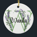 Ornamento De Cerâmica Alfa W, botânica da Lavanda de aquarelas<br><div class="desc">Um design romântico e elegante com letra alfabética monográfica "W", enquadrada por eucalipto e lavanda e libélula pintada em aquarelas. Para começar a alterar o nome, clique em "Personalizar este modelo" e edite o texto nas caixas modelo. Para acessar as ferramentas de edição mais avançadas, role para baixo até "Clique...</div>