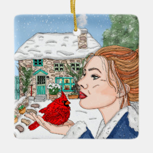 Ornamento De Cerâmica Algodão e Cardeal em Inglês desenhado à Mão