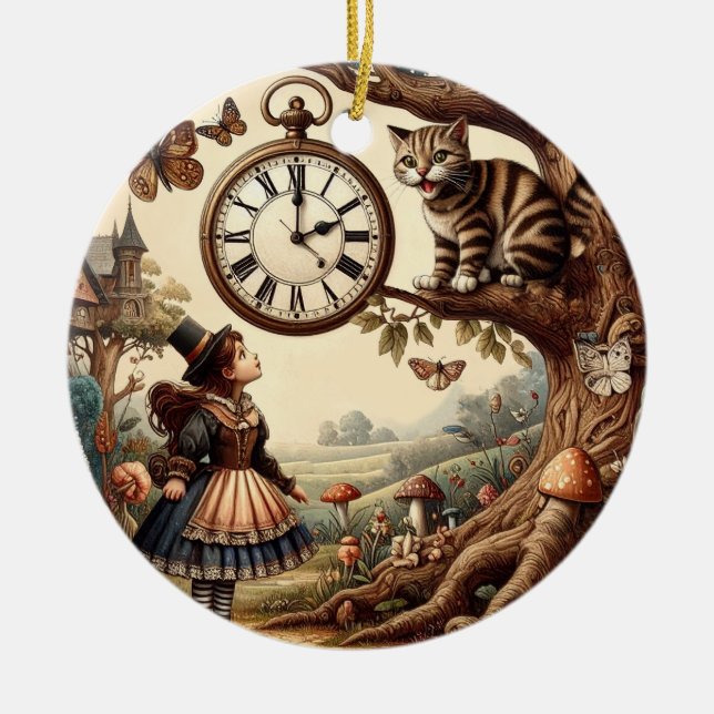 Ornamento De Cerâmica Alice & Cheshire Cat: Whimsical Wonderland Fantasy (Frente)