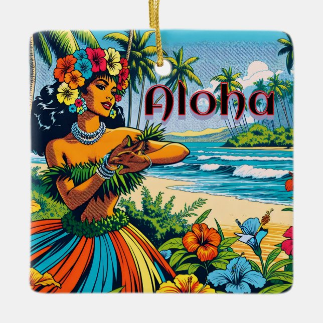 Ornamento De Cerâmica Aloha | Dançarino Hawaii Hula na praia (Frente)