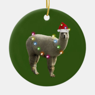 Ornamento De Cerâmica Alpaca com o Natal das luzes de chapéu