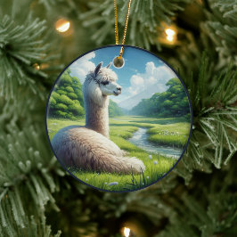 Ornamento De Cerâmica Alpaca Fofa em um Prado 