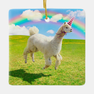 Ornamento De Cerâmica Alpaca Unicorn Sob O Rainbow Sky